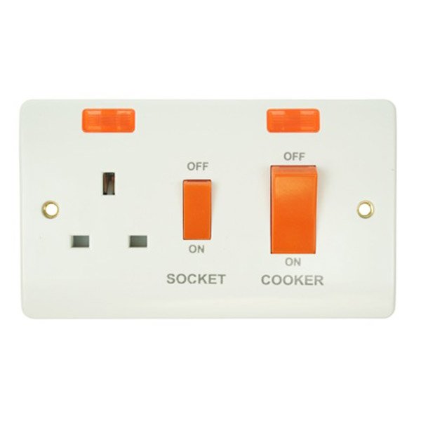 White PVC 45amp cooker switch and 13amp socket with neons 1 large